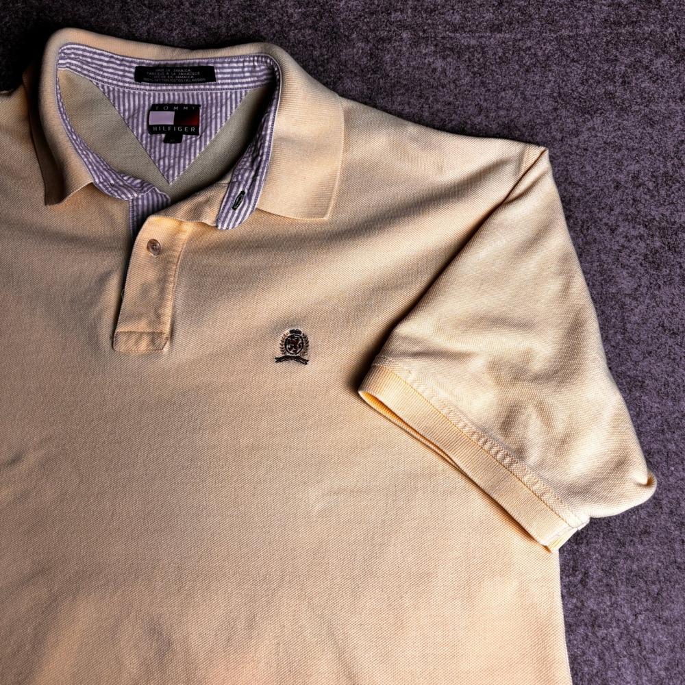 Tommy Hilfiger Polo Shirt Mens XL Yellow Embroidered Crest Pique Short Sleeve